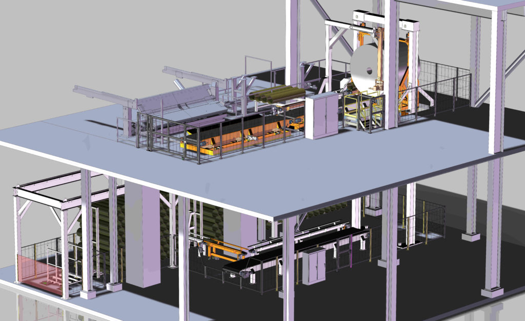 A rendering of a two story dry end roll handling system