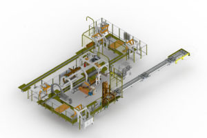 A rendering of an automatic roll handling system for the converting industry